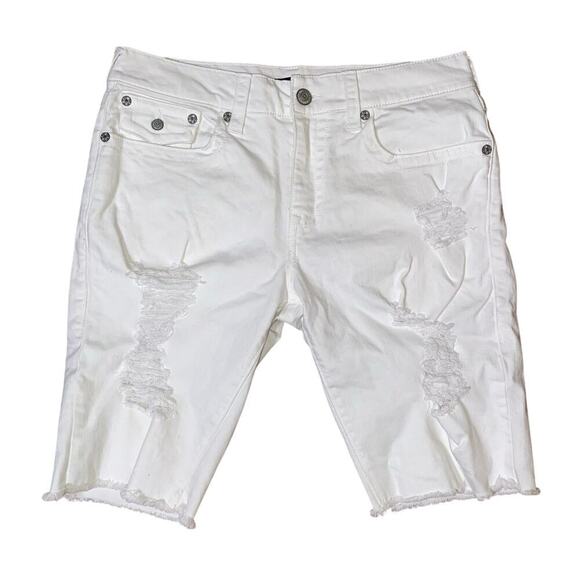 True Religion Ricky frayed flap Shorts White w/horseshoe detail on pockets Sz 33 - Picture 2 of 8